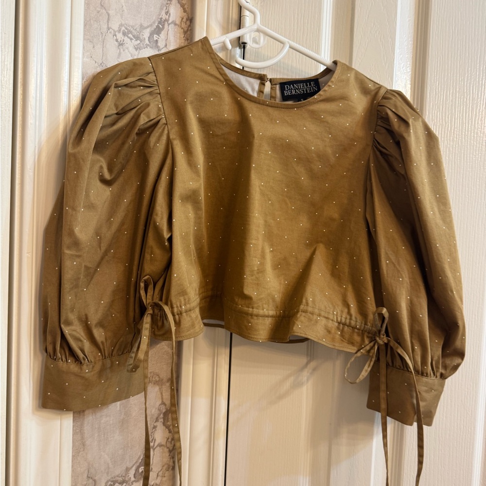 DANIELLE BERNSTEIN Olive Metallic Dot Puff Sleeve Crop Top